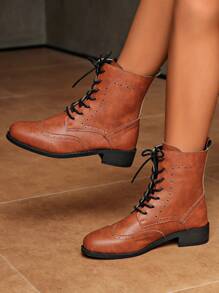 Fall/Winter Women's Fashion Vintage Stamping Floral Patchwork Lace-Up Comfortable Ankle Boots, Ideal For Holidays Party, Must-Have For Christmas And Festive Occasions,Boots For Women