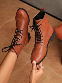 Fall/Winter Women's Fashion Vintage Stamping Floral Patchwork Lace-Up Comfortable Ankle Boots, Ideal For Holidays Party, Must-Have For Christmas And Festive Occasions,Boots For Women