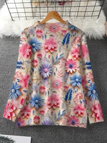 Maglione da donna casual, con collo rotondo, manica lunga, fantasia floreale, imbottitura termica, adatto per l'autunno/inverno