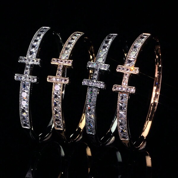 1 pieza Brazalete con diseño de letra de circonia, brazalete de lujo de estilo minimalista para mujer, accesorio para boda y fiesta