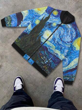 Men's Casual Jacket Spring Autumn Lightweight, Landscape Painting Allover Print, Stand Collar Zip Up Long Sleeve Outerwear