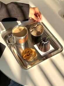 1 pieza de bandeja cuadrada de acero inoxidable 304, bandeja rectangular poco profunda de estilo industrial, apta para café, té, postre, pastel, apropiada para cafetería, reuniones en el patio