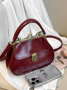 女士复古扣式手提包，优雅单肩包，时尚翻盖开合，复古风格女士包 - 酒紅色 - 查看 4