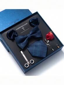 AlanKing 1set Orange Necktie, Pocket Square, Cufflinks, Boutonniere Suit For Men, Wedding Party Formal Gift Box Christmas