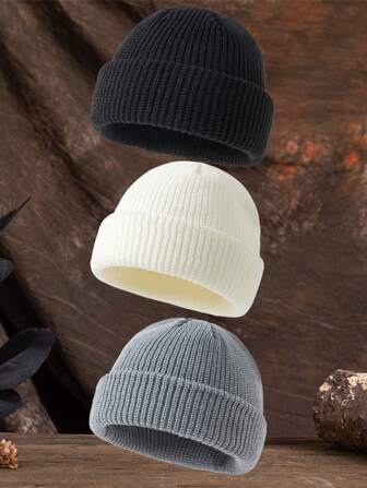 3pcs Men's Outdoor Casual Solid Color Knit Beanie Cap, Suitable For Daily Wear, Autumn/Winter Fall Outfit