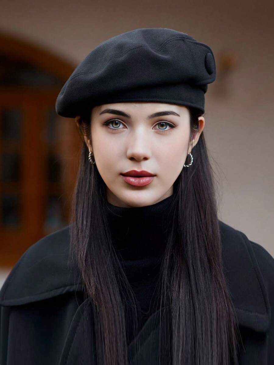 1 件女式秋季纯色波西米亚派对休闲可爱优雅复古街头帽子，复古风格贝雷帽适合日常户外素描 - 彩色 - 查看 1