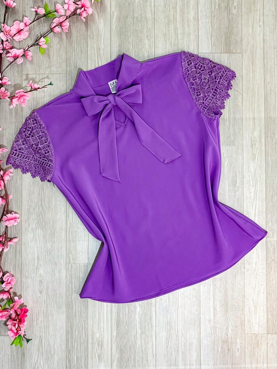 Women's Short Sleeve Evangelical Lace Blouse With Bow No. 9 - Màu tím hoa cà - Xem 1