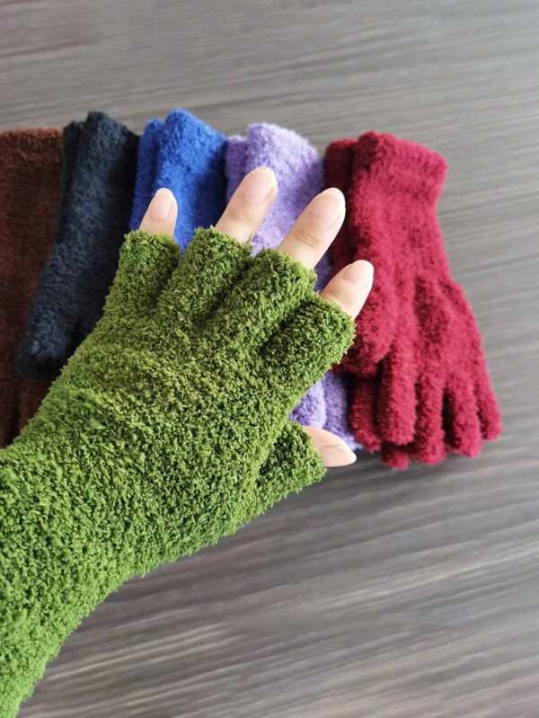 Luvas sem dedos extra longas de lã coral de cor sólida, luvas de malha quentes de meio dedo para homens e mulheres, outono/inverno