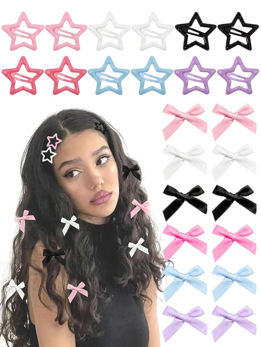 24 件/套女士时尚彩色蝴蝶结星星发夹优雅公主芭蕾 Y2K 风格迷你发饰适合日常使用可爱粉色发饰