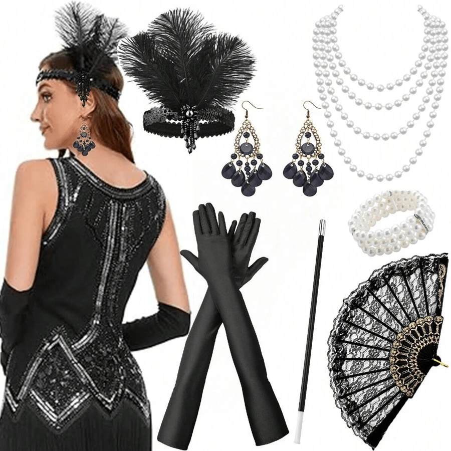 1920 年代女性派对轻佻女郎服装套装包括头饰、耳环、羽毛头带、手套、手镯、烟嘴、蕾丝扇子等 7 件，适合盖茨比万圣节派对 - 黑色 - 查看 1