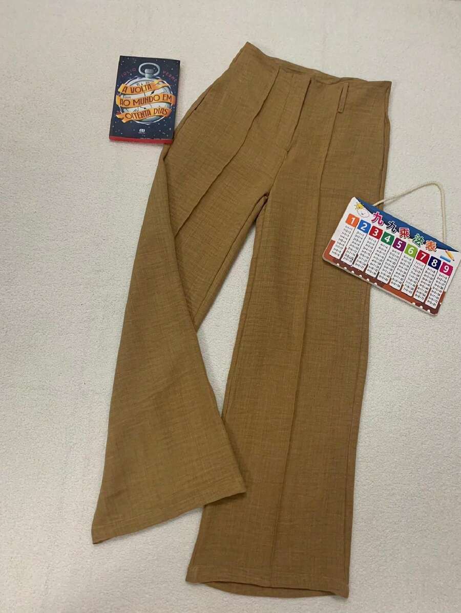 Straight Leg Wide Leg Trousers In High Waist Linen 001200-2 - 薑色 - 查看 1