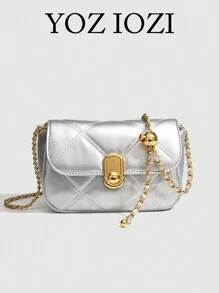 休闲百搭纯色纹理小众设计时尚女士通勤别致迷你方形链条斜挎包 - 銀色 - 查看 1