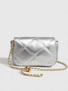 休闲百搭纯色纹理小众设计时尚女士通勤别致迷你方形链条斜挎包 - 銀色 - 查看 4