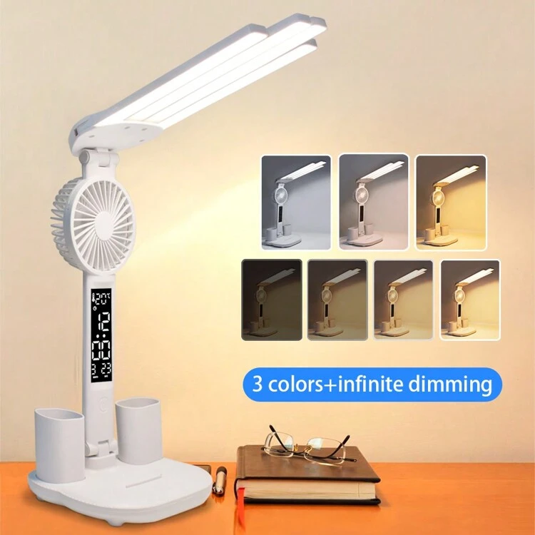 Lámpara de escritorio con ventilador de 4 lados, lámpara de escritorio con cuidado ocular de 3 colores que incluye soporte para bolígrafos y pantalla inteligente, modelo plegable con enchufe para escritorio, dormitorio y lectura | Moda de Mujer | SHEIN México