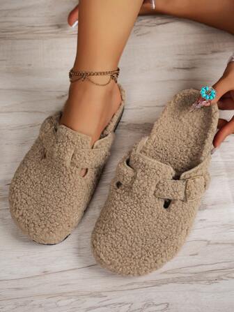女士时尚新款毛绒单扣拖鞋，舒适室内/室外、度假、休闲、百搭平底凉鞋