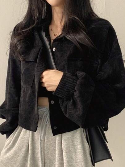 秋季复古百搭单排扣灯芯绒翻领短夹克外套