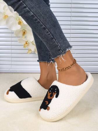 Cute Cartoon Dachshund Pattern Slippers, Warm Thermal Lined Anti-Slip Indoor House Couple Slippers