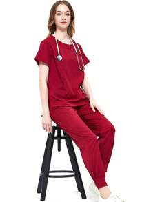 Nursing Uniforms Ladies Solid Color Pocket Short Sleeve Nurse Uniform Set - Burgundy - View 3