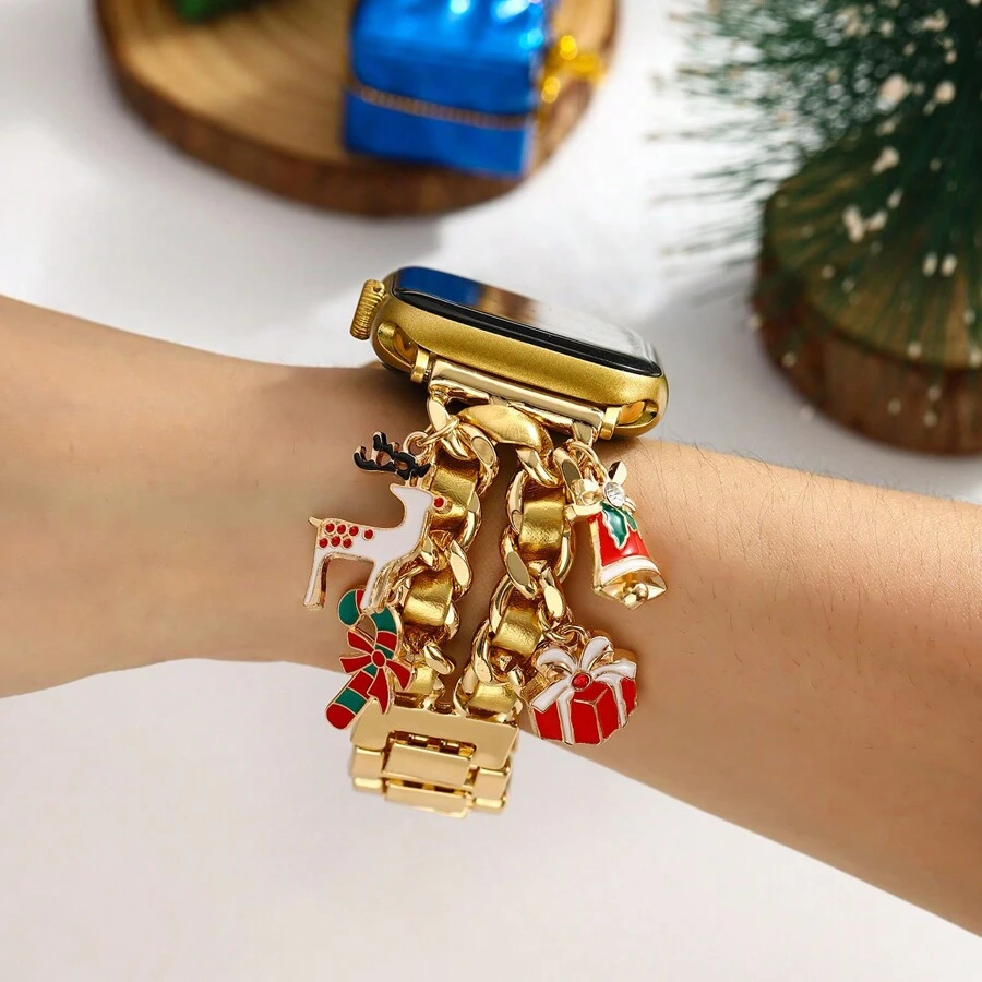 1 金色圣诞元素吊坠 Apple Watch 男女表带，适用于 38/40/41/42/44/45/49mm Apple Watch 表带的不锈钢表带，兼容 UItra/SE/10/9/8/7/5/4/3/2/1 Apple Watch 表带 - 金色 - 查看 1