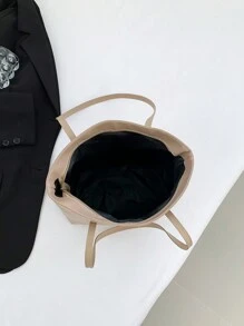 2 件装母女手提包套装带零钱包，时尚大容量绗缝格子手提单肩包女士 - 卡其色 - 查看 9