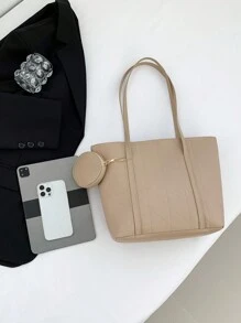 2 件装母女手提包套装带零钱包，时尚大容量绗缝格子手提单肩包女士 - 卡其色 - 查看 8