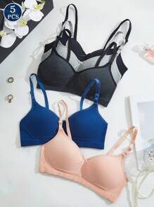 5PCS Lady's Comfortable Sleep Multicolour Wireless Soft Cup Solid Underwear Bra