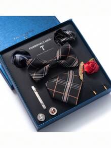 AlanKing 1set Orange Necktie, Pocket Square, Cufflinks, Boutonniere Suit For Men, Wedding Party Formal Gift Box Christmas