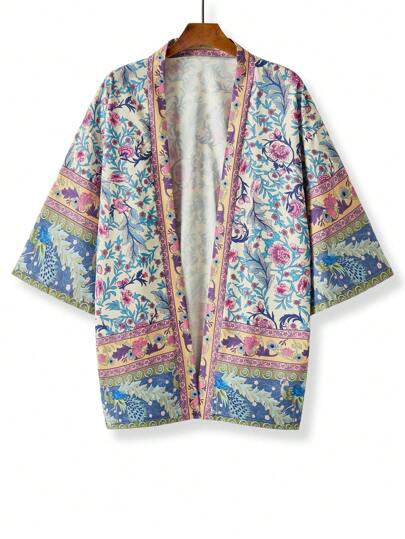 Kimono cardigan casual estivo leggero con maniche a 3/4, stampa floreale ditsy vintage retrò, con cintura