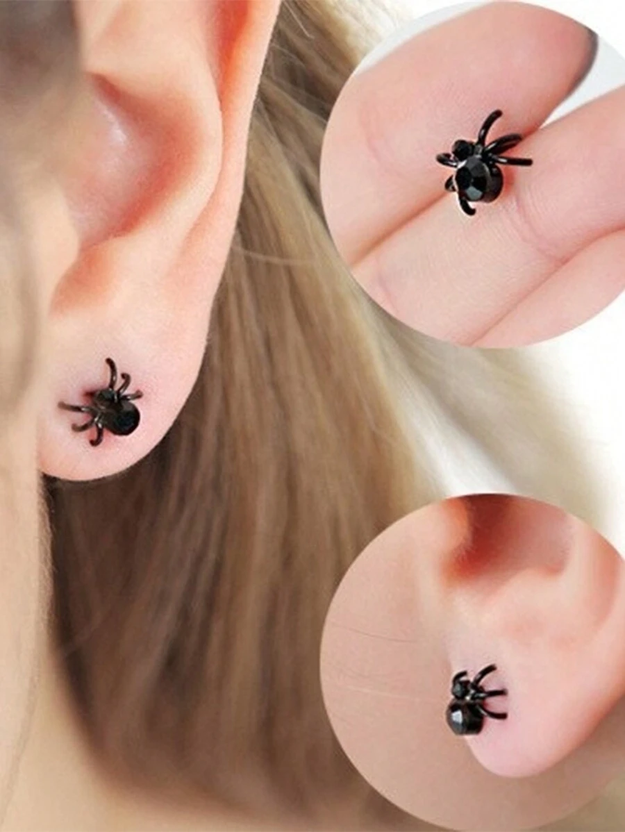 Moonfan 1 Cặp bông tai đinh tán hình nhện đen 3D, thích hợp cho phụ nữ đeo hàng ngày, quà tặng cho cha mẹ hoặc bạn bè - màu đen - Xem 1