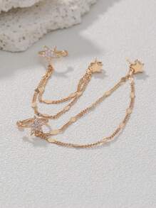 Nooxian 1對時尚極簡微鑲嵌氧化鋯星星流蘇夾式耳夾耳環 - 金黃色 - 查看 4