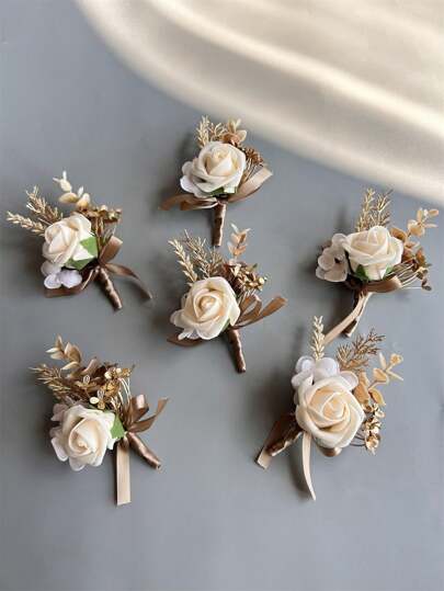 6 piezas Flores artificiales de rosa champán para la solapa del novio, corsage de hombre, alfileres para graduados, decoración de boda, decoración de fiesta, decoración del Día de San Valentín