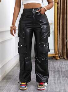 Quần da nữ kiểu cargo đường phố, màu đen, thanh lịch, mùa xuân. - màu đen - Xem 6