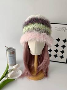 1 件女式彩虹扎染条纹毛边针织渔夫帽，韩式无檐便帽，适合冬季秋季日常佩戴 - 彩色 - 查看 3