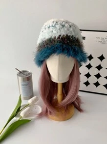 1 件女式彩虹扎染条纹毛边针织渔夫帽，韩式无檐便帽，适合冬季秋季日常佩戴 - 彩色 - 查看 4