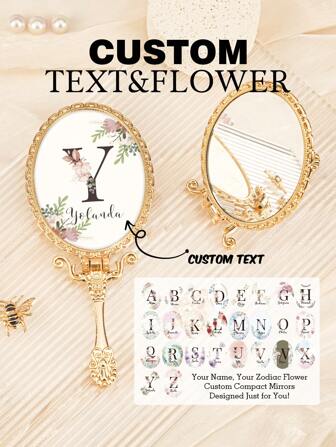 1PC Custom Print: Personalized Name Compact Mirror - High Definition Glass, Gold-Plated Foldable Handle In European Royal Style, Protective Film On Glass For Shipping. Ideal Gift For Mother, Aunt, Grandmother, Daughter, Niece, Sister, Friend, Girlfriend, Wife, Bride, Bridesmaid, Godmother, Mom, Mother-In-Law, Colleague. Perfect For Holidays,