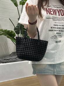 Women Handbags Lightweight Pu Leather Casual Travel Vacation Ladies Top Handle Cross Body Shoulder Bucket Bag Small Tote Woven Bag Suitable For All Seasons,Black - Black - View 2