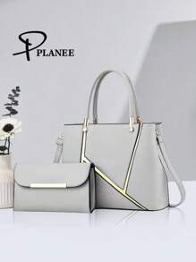 PLANEE Combo Bag, Elegant Zipper Handbag, Fashionable Handbag For Women, PU Leather Large Capacity Handbag For Women, Office And Work Shoulder Bag For Women, Complete Work Shoulder Bag, Geometric Pattern Wallet Set, Best Mother Day Gifts Ever - Light Grey - View 5