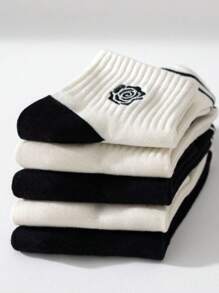 5 Pairs Women's Short Socks, Breathable Minimalist Black & White Colorway, Mid-Calf Sports Socks, Back To School Season - Multicolor - View 4