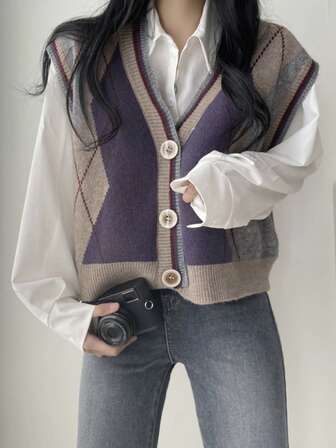 复古学院风撞色菱形针织毛衣背心（不含衬衫）