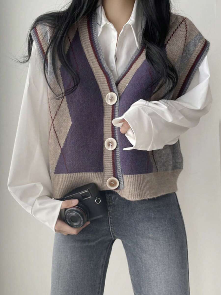 Retro Collegiate Color Blocking Argyle Knitted Sweater Vest, No Shirt - Purple - View 1