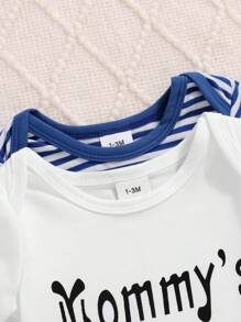 2pcs Baby Boy Letter Print Outfit Set With White Shirt & Blue Striped Pants, With Hat, Autumn/Winter
