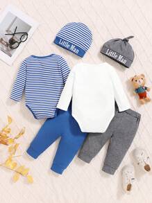 2pcs Baby Boy Letter Print Outfit Set With White Shirt & Blue Striped Pants, With Hat, Autumn/Winter