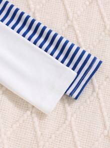 2pcs Baby Boy Letter Print Outfit Set With White Shirt & Blue Striped Pants, With Hat, Autumn/Winter