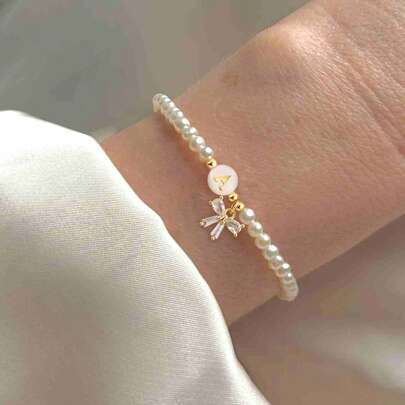 1件复古蝴蝶结圆形字母串珠手链，仿珍珠，女士款