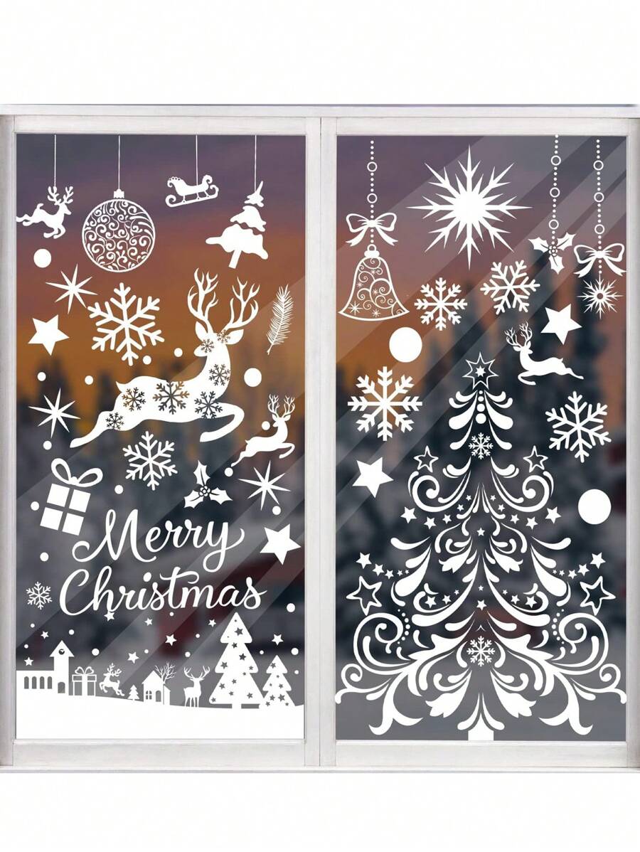 4pcs Large Christmas Window Clings, Xmas Window Stickers Holiday Santa Claus Reindeer Snowflakes Decal Decorations Double Sided For Glass Windows,Christmas - White - View 1