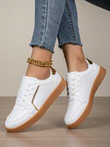 Women's Fashion Lace-Up Flats, Lace Trim Outdoor Shoes, Comfortable Low-Top White Sneakers