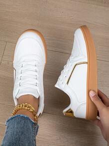 Women's Fashion Lace-Up Flats, Lace Trim Outdoor Shoes, Comfortable Low-Top White Sneakers