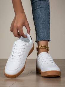 Women's Fashion Lace-Up Flats, Lace Trim Outdoor Shoes, Comfortable Low-Top White Sneakers