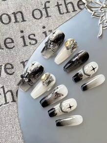 10 szt./zestaw długich, ręcznie robionych, luksusowych, gradientowych, czarnych sztucznych paznokci, wielokrotnego użytku, na imprezę świąteczną, z pilnikami i klejem do paznokci, dla kobiet i dziewcząt, dociskane paznokcie, artykuły do paznokci, paznokcie