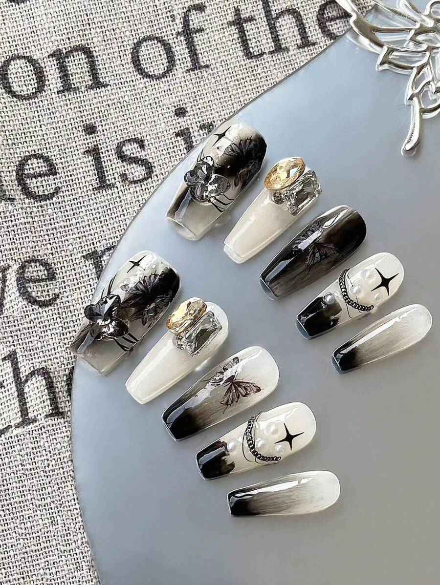 10 szt./zestaw długich, ręcznie robionych, luksusowych, gradientowych, czarnych sztucznych paznokci, wielokrotnego użytku, na imprezę świąteczną, z pilnikami i klejem do paznokci, dla kobiet i dziewcząt, dociskane paznokcie, artykuły do paznokci, paznokcie